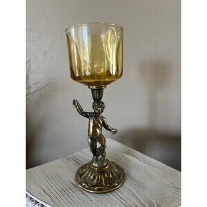 Vintage Cherub Angel Votive Candle Holder Yellow Glass 8” Regency Style
